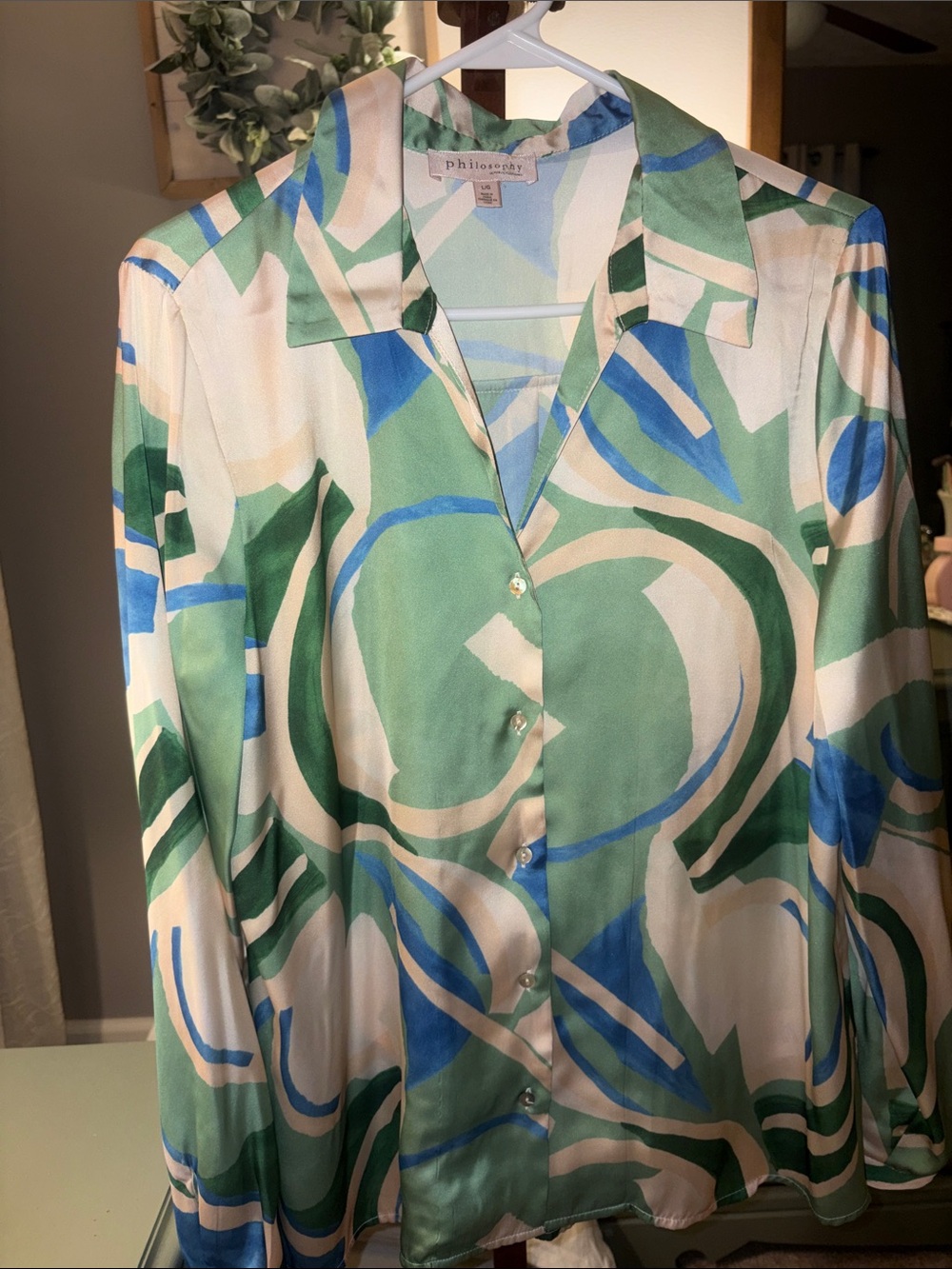 Philosophy Button-Down Shirt in Green, Blue and Cream Abstract Print